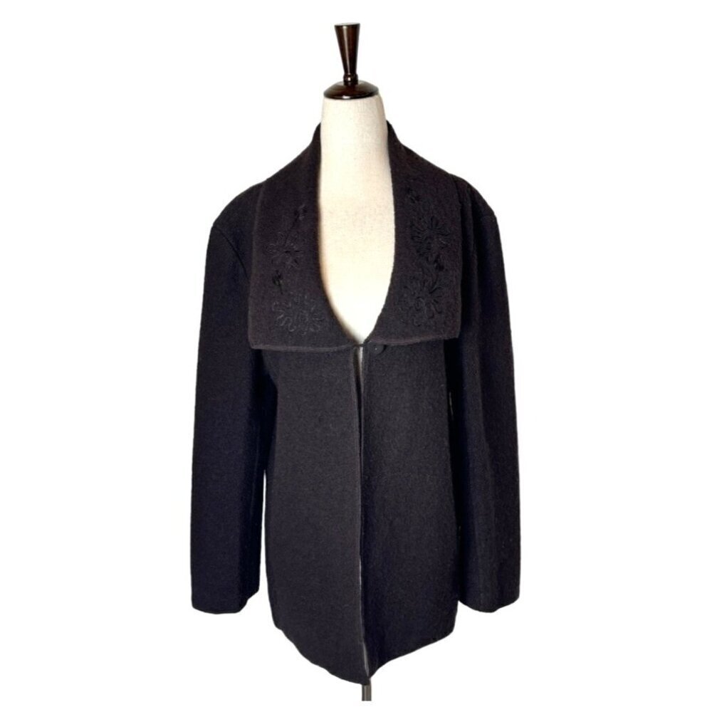 Alexandra Bartlett Sweater Women 1X Brown Wool Knit‎ Embroidered Collar Cardigan